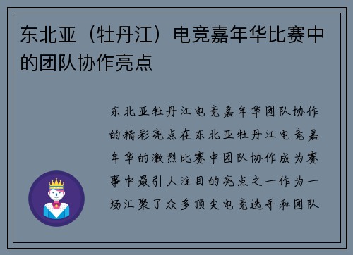 东北亚（牡丹江）电竞嘉年华比赛中的团队协作亮点