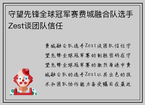 守望先锋全球冠军赛费城融合队选手Zest谈团队信任
