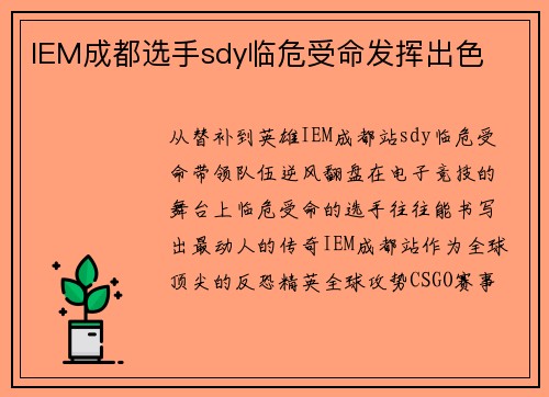IEM成都选手sdy临危受命发挥出色